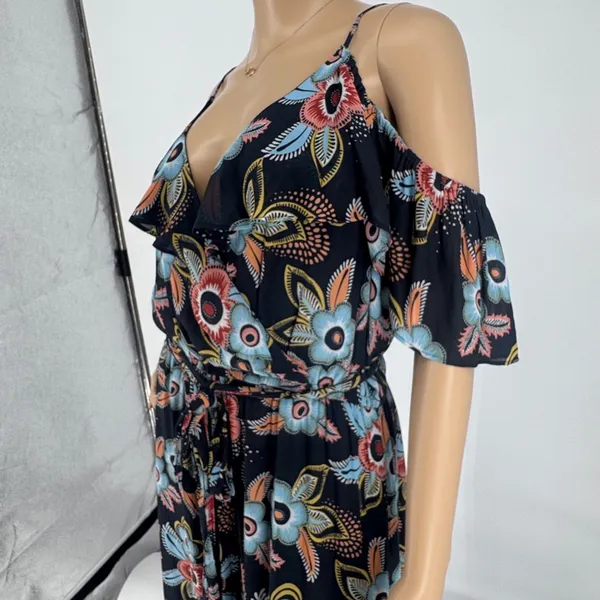 Ann Taylor Loft Floral Cold Shoulder Maxi Dress Navy Blue‎ Large Wrap Tie Waist - Image 9