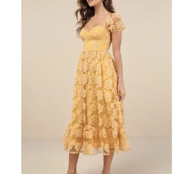Lulus Notable Elegance Yellow Mesh‎ Floral Bustier Midi Dress Size LARGE Whimsy - Image 3