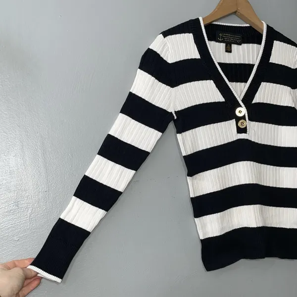 Lauren Jeans Company Sweater Size XS Black White Striped Ribbed Knit Preppy 67 - Image 2