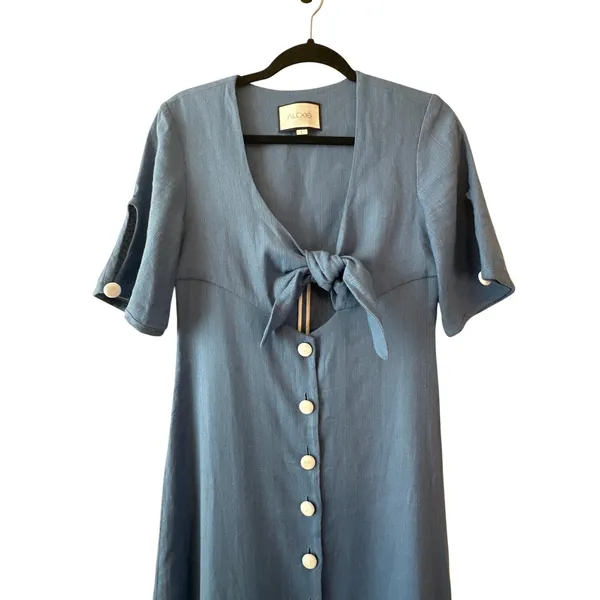Alexis Jameela Shell Blue Linen Maxi Dress Tie‎ Front Button Size L - Image 10
