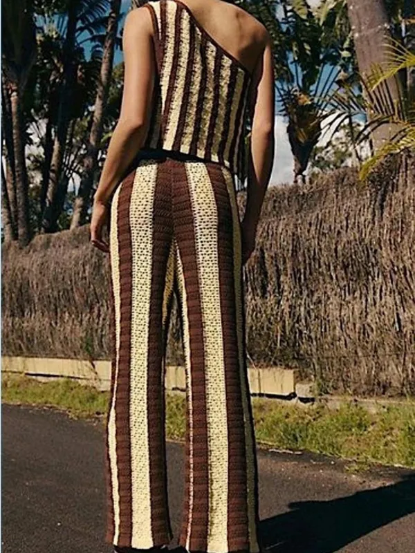 Free People Free-est Joan Fauxchet Crochet Top/Pants Set M Brown Stripe - Image 3