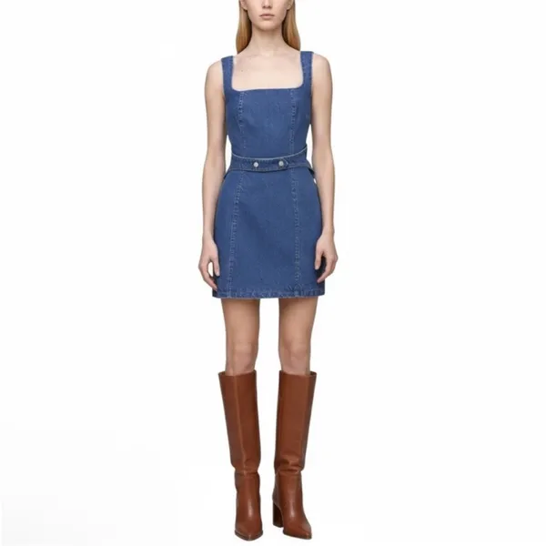 Avec Les Filles Denim Square-Neck Mini Dress in Blue - Image 9