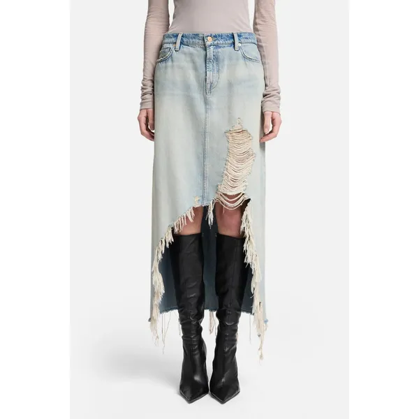 7 For All Mankind‎ Distressed Asymmetrical Denim Maxi Skirt Size 27 - Image 9
