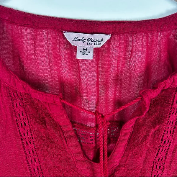 Lucky Brand Boho Ren Faire Cotton Top With Embroidery and Tasseled Drawstrings - Image 3