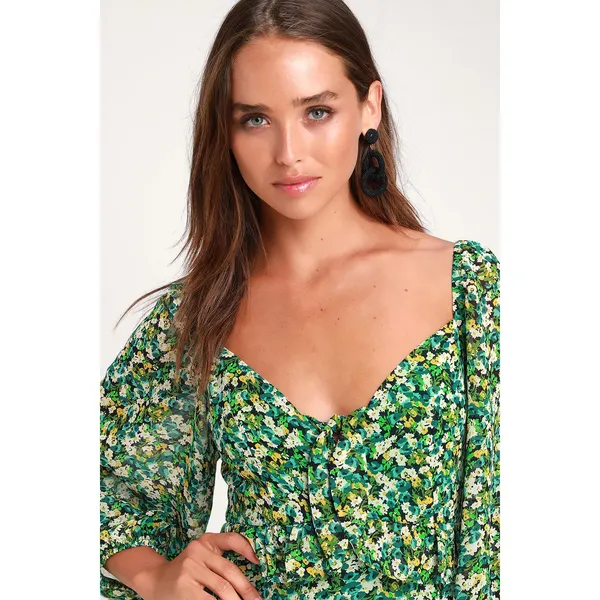 Lulus Forsythia Green Floral‎ Print Long Sleeve Tie-Front Women's Dress Large - Image 5