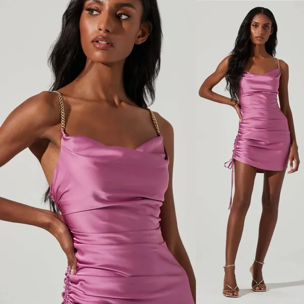 ASTR The Label Trista Satin Mini Dress in Mauve Pink with Gold Chain Straps - Image 4