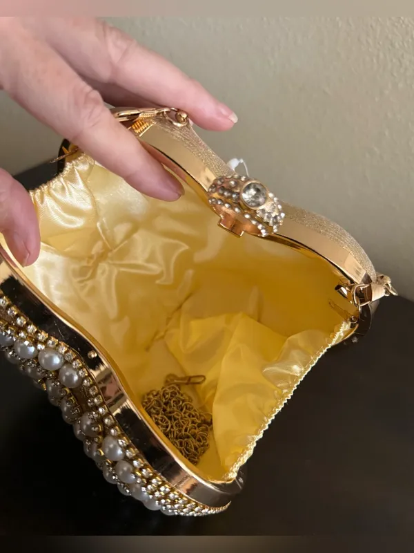 Pearl Heart Evening Clutch Gold Rhinestone Handbag Wedding Prom Formal Purse - Image 3