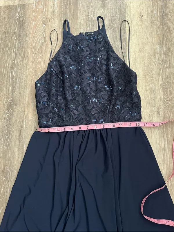 Morgan & Co Navy Lace Sequin Halter Maxi Gown Prom Evening Formal Dress Junior 7 - Image 9