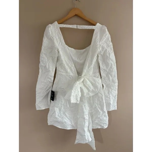 Lulus Elevated Icon White Jacquard Long Sleeve Bow Mini Dress Size Medium Bridal - Image 5