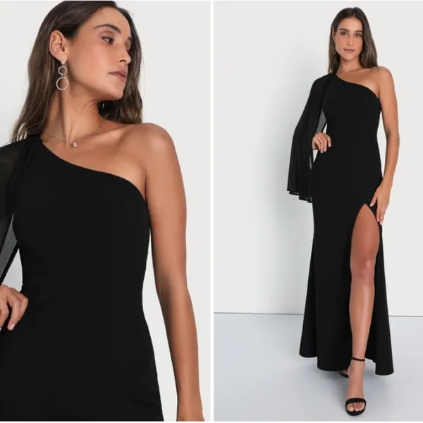LULU's Sexy Prom Wedding Sophisticated Elegant One Shoulder Cape Maxi Dress - Image 4