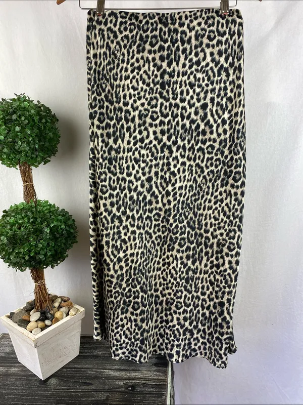 ALYA Black & Tan Animal Print Satin Midi Skirt L - Image 3