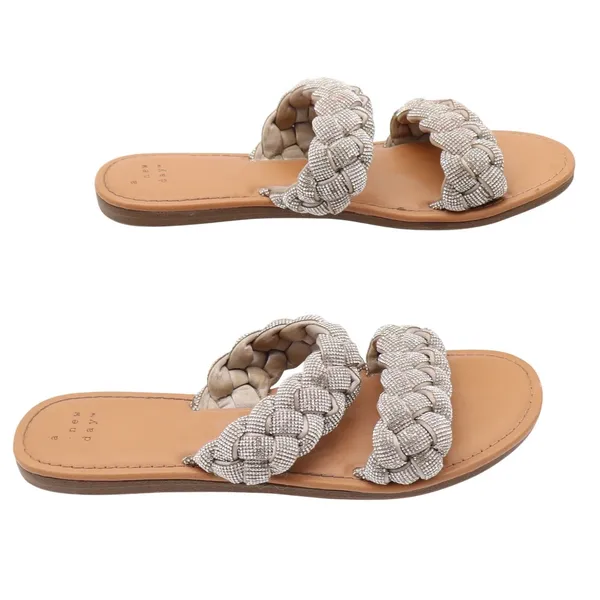 A New Day Slide Sandals Womens 8 Braided Rhinestone Silver Tan Flat Excellent - Image 3