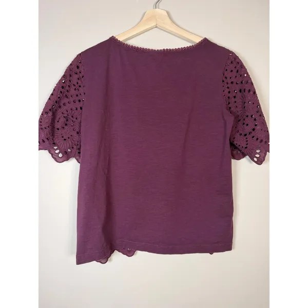 Porridge‎ Clothing Women Medium Purple burgundy Eyelet Scalloped Sleeve Boho Top - Image 2
