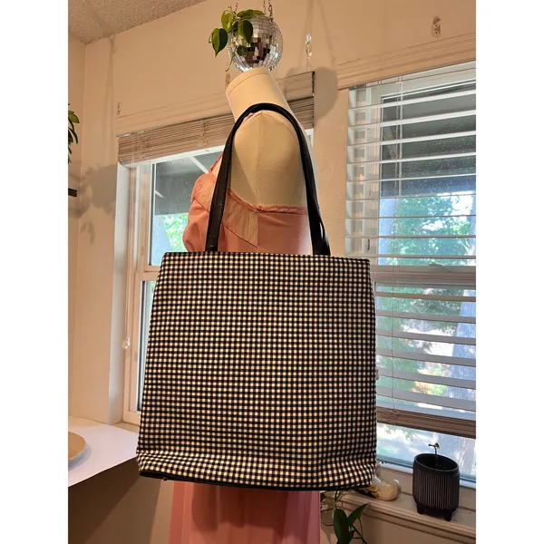 Black & White 100% Cotton Double Strap Gingham Checkered Medium Tote Bag - Image 2