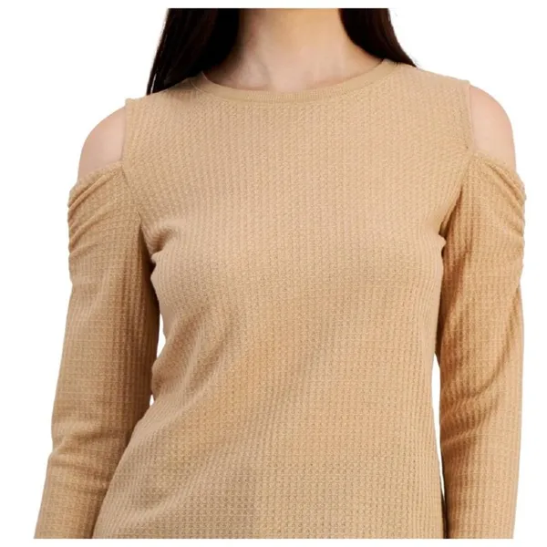 Tommy Hilfiger Womens Metallic Cold Shoulder T-Shirt J2IH6834 Camel Brown L - Image 7