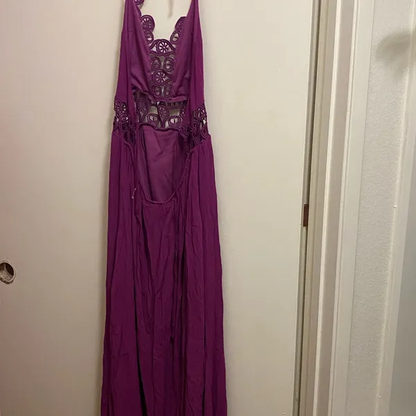 Shinestar Womens Halter Maxi Dress XL Bright Purple Boho Lace Trim Open Back - Image 9