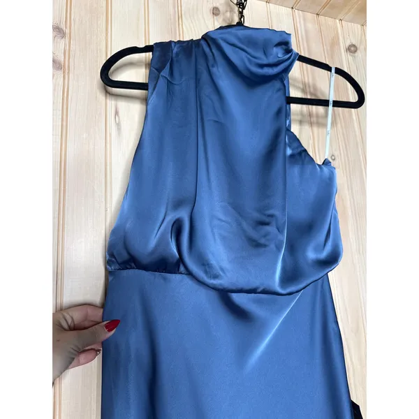NWT Lulus Distinctive Charm Slate Blue Satin Asymmetrical Midi Dress Wedding S - Image 3