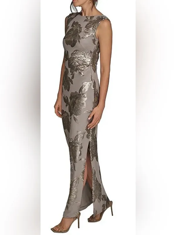 NEW Donna Karan Sequin Floral Sleeveless Dark Clay Gown Sz 10 - Image 4