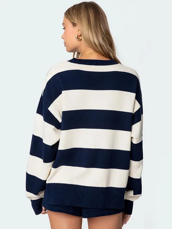 NWT Edikted Riley Oversized Striped Sweater cream/navy size medium - Image 2