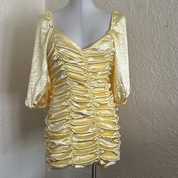 Lucy in the Sky Yellow Satin Ruched Puff Sleeve Mini Dress Belle of the Ball L - Image 5