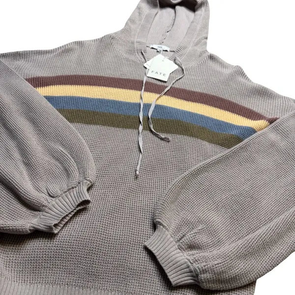 ✨🌈‎ FATE Hooded Knit Sweater Rainbow Stripe Taupe Hoodie M 🌈✨ - Image 2