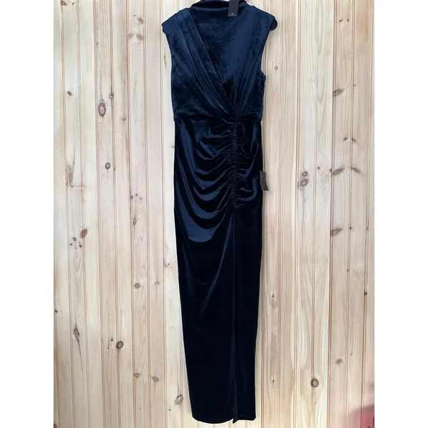 Lulus Alluring Image Navy Blue Ruched Velvet Mock Neck Maxi Dress Party Small - Image 2
