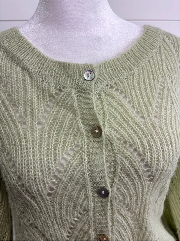 Crescent Wool Mohair Blend Saga Green Open Knit Cardigan Sweater Button Front - Image 5