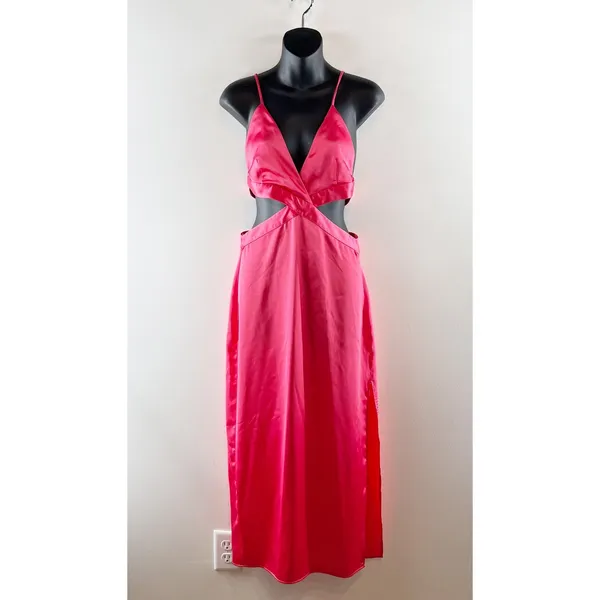 Zara Satin Sleeveless V-Neck Slip Midi Dress with Waist Cutout Pink Medium - Image 4