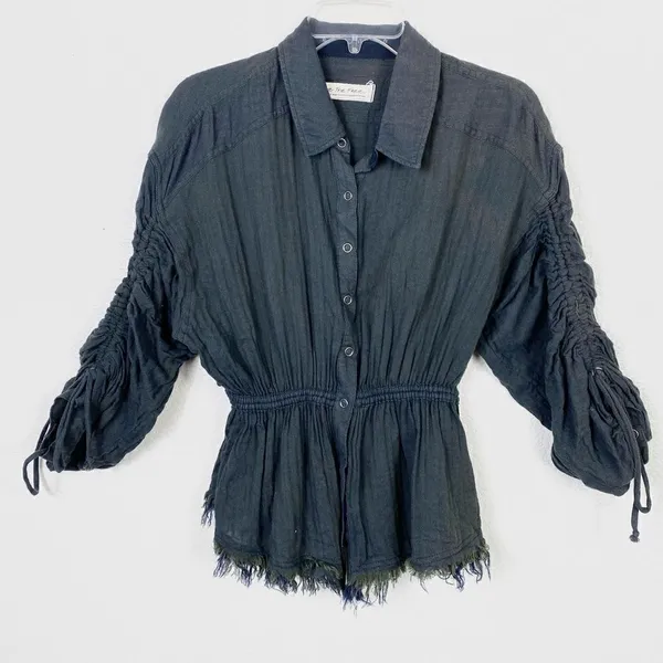 Free People Pacific Dawn Dark Grey Distressed Fitted Waist Scrunched Sleeve Top - Image 4