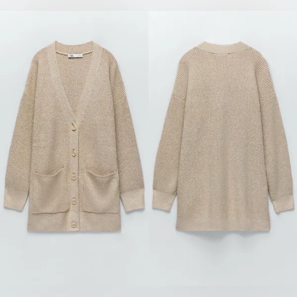 Zara Women's Elegant Beige Knit Cardigan Sweater S - Image 3