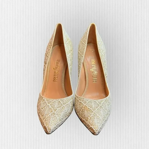 Palter DeLiso Kiss Ivory Heirloom Lace‎ Gold Glitter Pump Size Italy 37 US 6.5 - Image 6