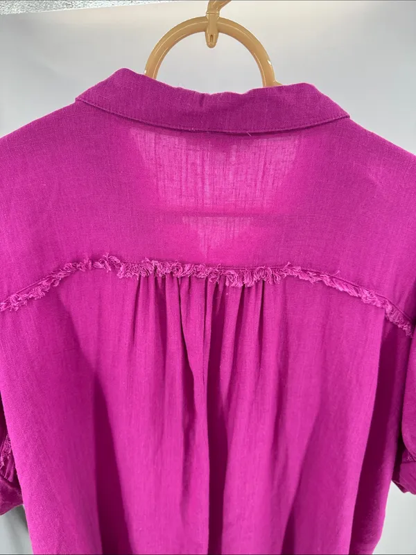 Umgee Fuchsia Button-Down Shirt with Frayed Placket XL oversized linen blend - Image 4