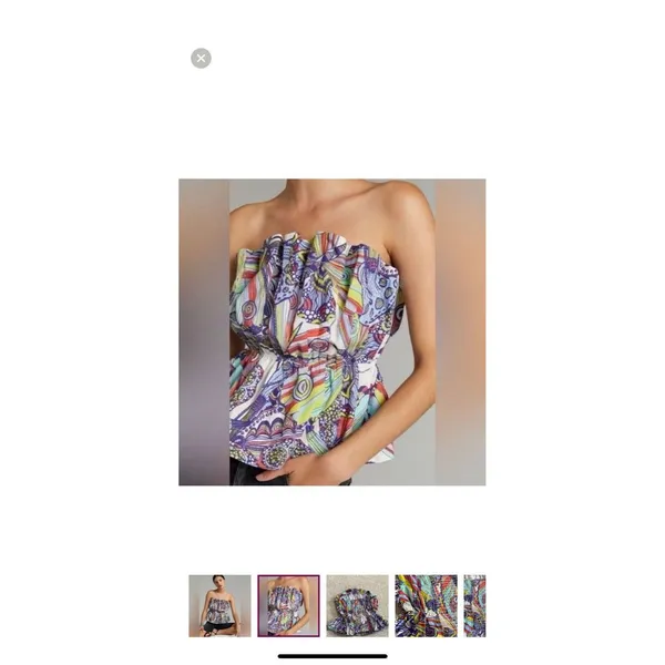 Anthropologie Strapless Smocked Ruffle Blouse Multicolor Cotton Abstract XS - Image 10