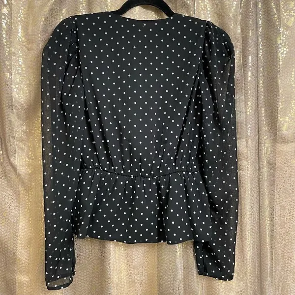 Express Black White Sheer Sleeve Polka‎ Dot Surplice Top Puff Sleeve S - Image 2