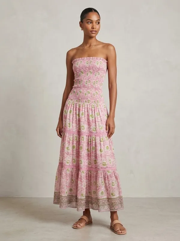 NWT Bell Alicia Bell Strapless Maxi in Pink Blockprint Silk-Cotton Dress S - Image 2