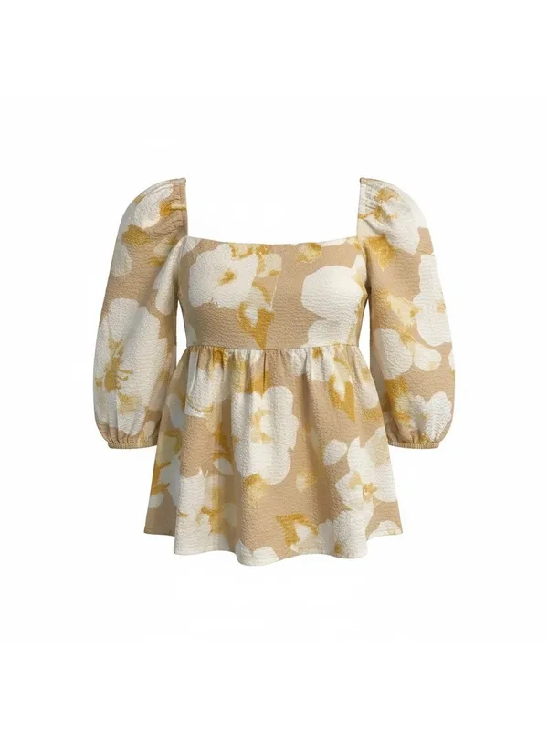 En Saison Floral Puff Sleeve Blouse Tan White NWT Medium‎ Smocked Babydoll - Image 3