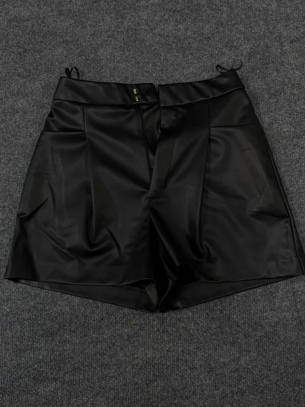 Zara Black Faux Leather high-waisted black tailored pleated shorts - Image 6