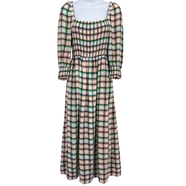 Maeve Anthropologie Plaid Smocked Maxi Dress XS Cottagecore Prairie Long‎ Sleeve - Image 3