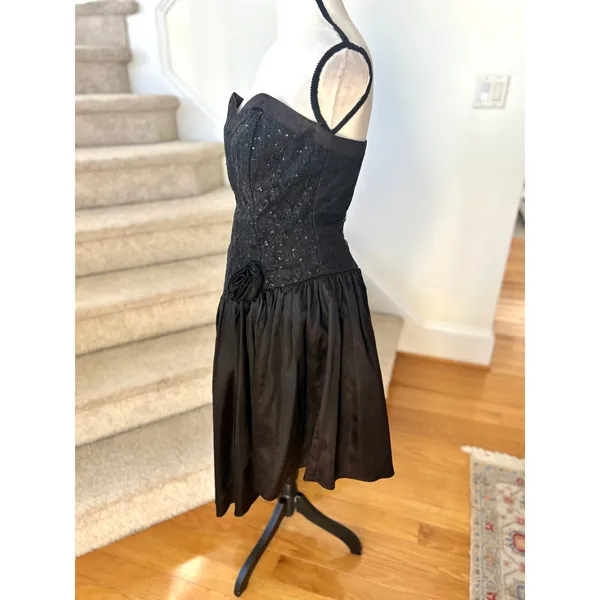 Vintage 80s Jessica McClintock Gunne Sax Black Lace Drop Waist Sweetheart Gown - Image 3