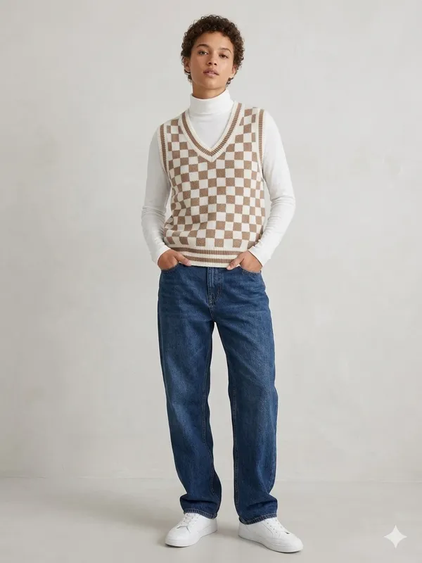ABOUND Checkered V-Neck Sweater Vest XS 18” + p2p Tan Neutral EUC - Image 8