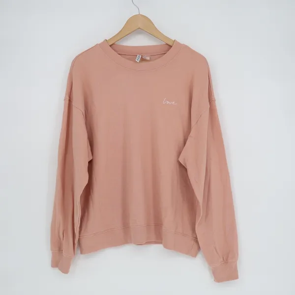 H&M Divided Sweatshirt Womens XL Pink Cotton Love Embroidered Crew Neck Pullover - Image 2