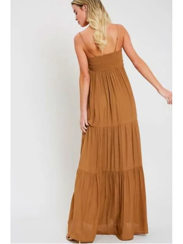 Wishlist Apparel Falling In Love Tie-Front Tiered Camel Maxi Dress Size S - Image 6