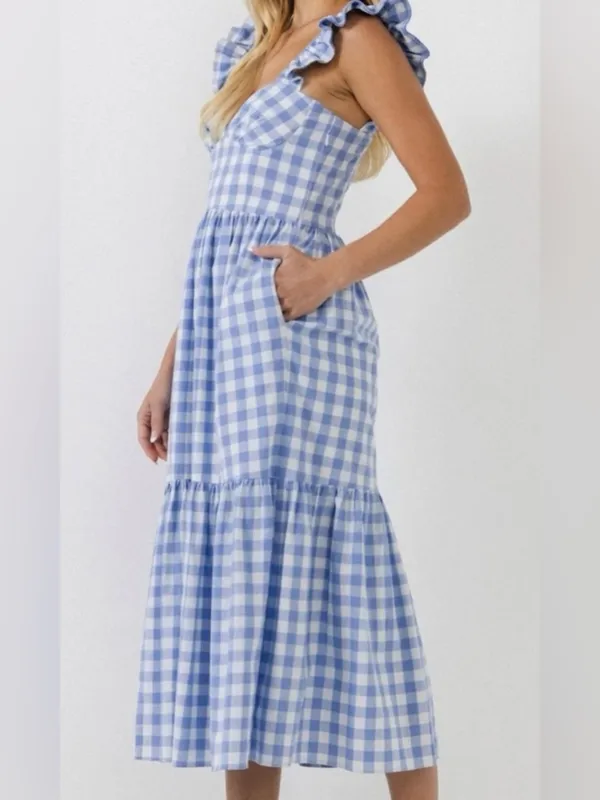 English Factory Sweetheart Neck Ruffle Gingham Midi Dress Blue White Size Medium - Image 2