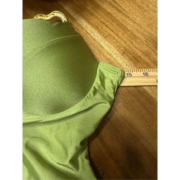 Olive green one piece swimsuit gold tone metal accents size small - Image 4