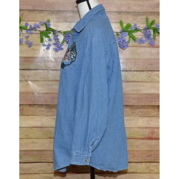 Vintage Quizz Again Cotton Denim Button Up Shirt Size M Embroidered Christmas - Image 6