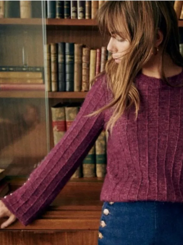 Sezane Joyce Jumper Sweater Merino Wool Mohair Gold Buttons in Grape Purple XS - Image 3