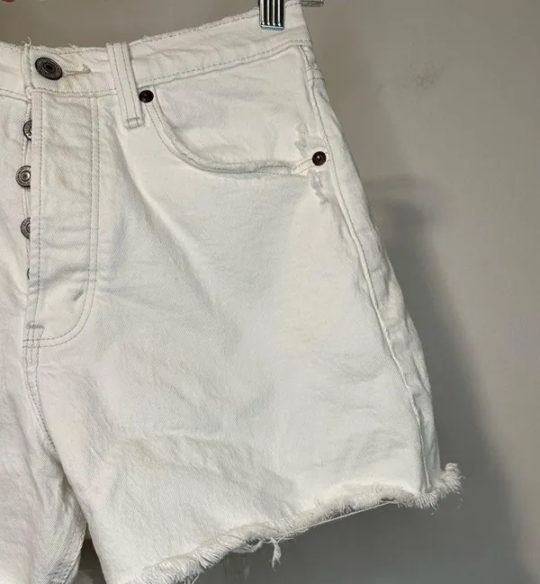 Abercrombie and Fitch The Dad High Rise White Denim Shorts Raw Hem Sz 25 - Image 5