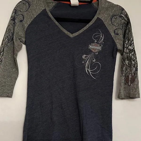 Harley-Davidson Rhinestone Logo Raglan Top Small Gray Blue Biker Tee - Image 12