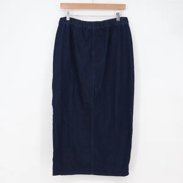 Lulus Denim Skirt Womens L Dark Wash Blue Side Slit Elastic Back Excellent - Image 4