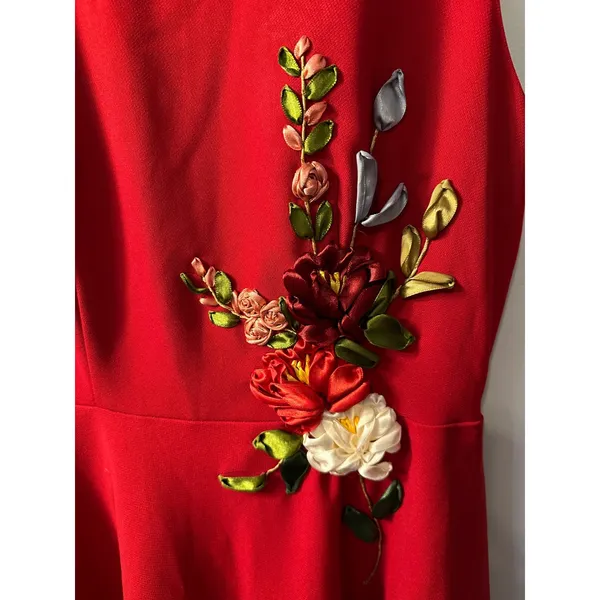 Red Sleeveless Fit and Flare Dress with 3D Ribbon Floral Embroidery Cocktail - Image 2